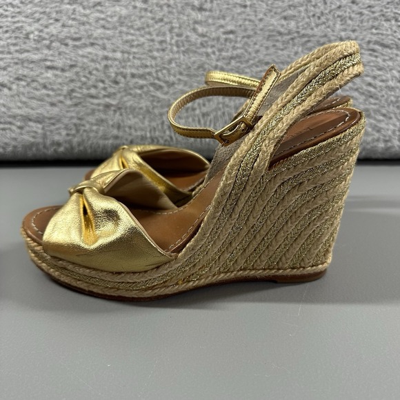 Kate Spade Wedge Sandals Womens 6 Candace Gold Espadrilles‎ Brown Designer Shoes - Picture 1 of 7